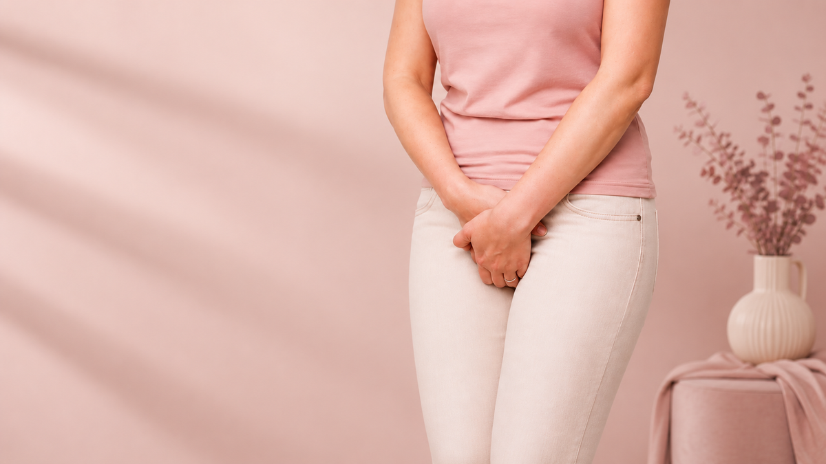 Woman holding pelvic area illustrating bladder urgency