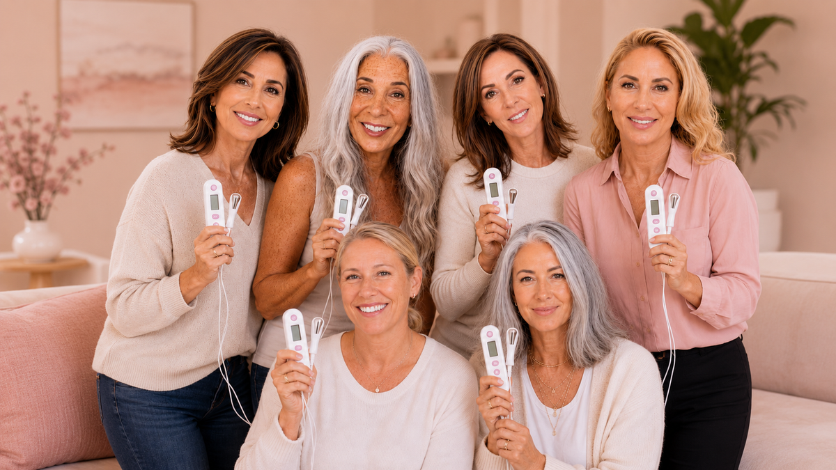 Group of women of different ages smiling and holding AVORA PelviPulse Pro devices